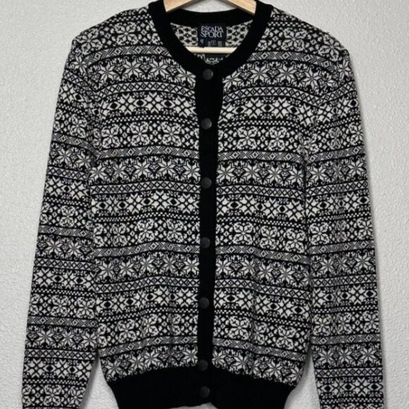 Vintage Escada Sport 100% New Wool Knit Cardigan Blk/Wht Snowflake - Women's S - Picture 1 of 6